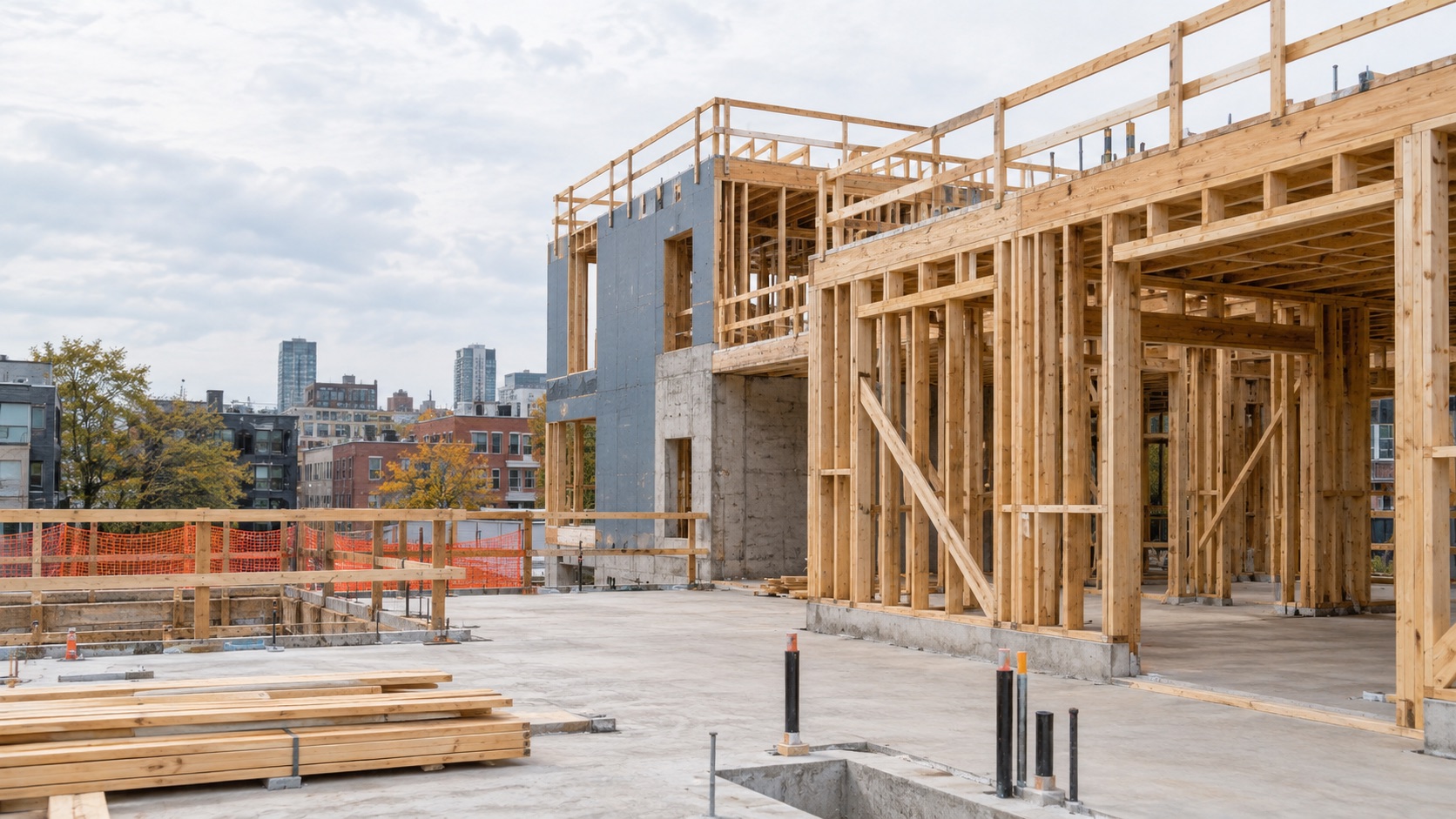 Timber-framing construction site beneath an overcast sky
